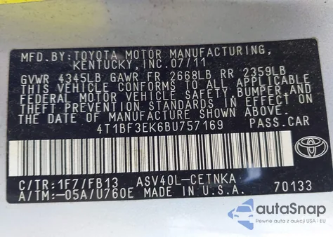 2011 Toyota Camry Le z USA, uszkodzony, nr VIN 4T1BF3EK6BU757169